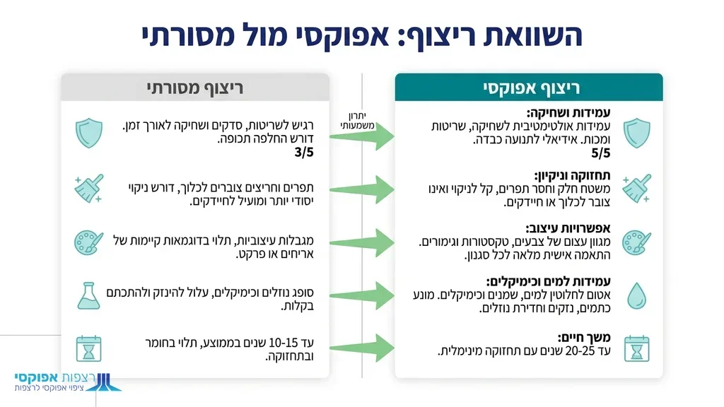 נוצר על ידי מודל בינה מלאכותית Gemini Pro השוואת ריצוף רצפת אפוקסי מבריקה בחלל מודרני בהרצליה