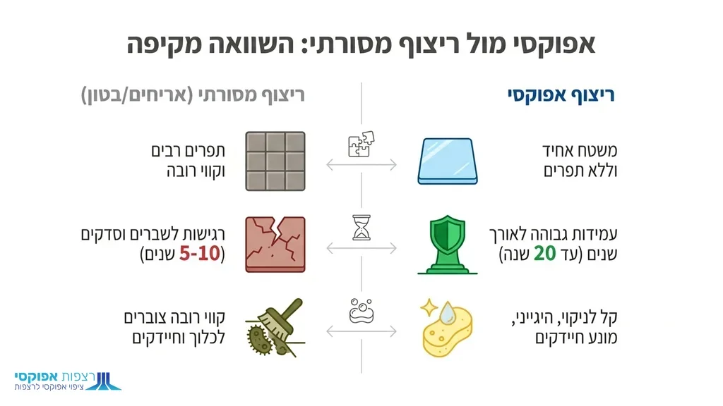 נוצר על ידי מודל בינה מלאכותית Gemini Pro השוואה ויזואלית הממחישה משטח אפוקסי חלק ללא תפרים