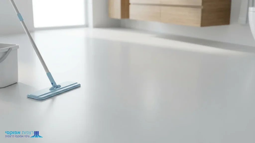 נוצר על ידי מודל בינה מלאכותית Gemini Pro תחזוקה קלה וניקיון של רצפת אפוקסי בחדר האמבטיה