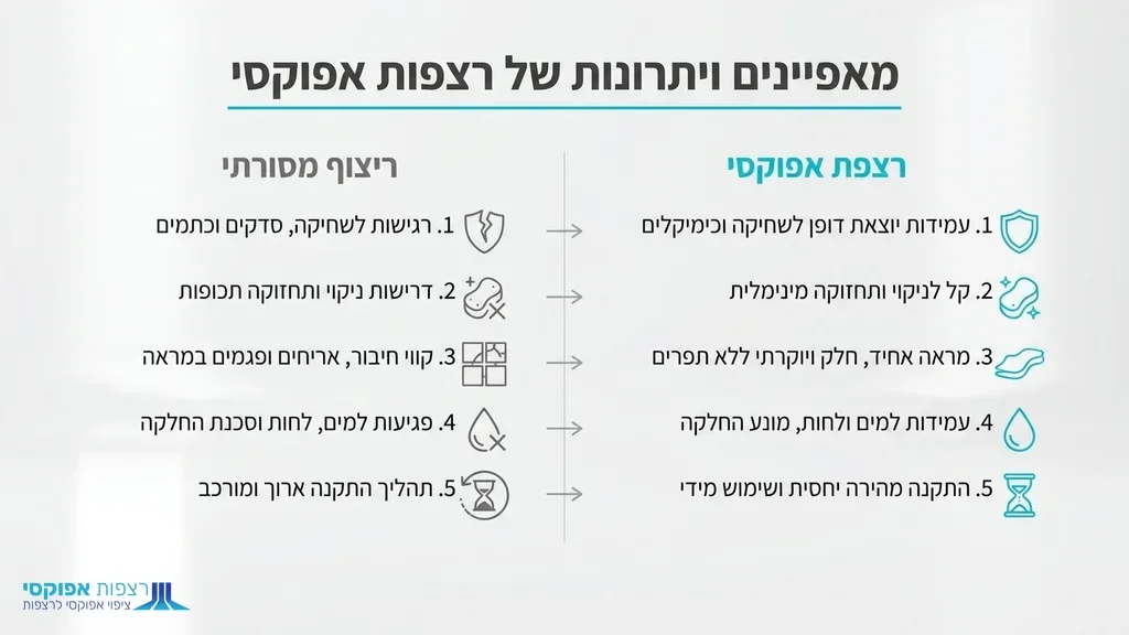 אחרי כותרת המסבירה מהם היתרונות ואיך הם משנים את התעשייה. רצפת אפוקסי מבריקה באולם תצוגה מודרני