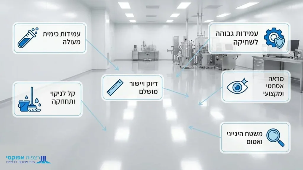 After the comparison table, showing a clean room environment with a pristine epoxy floor. רצפת אפוקסי לחדר נקי במעבדה מתקדמת