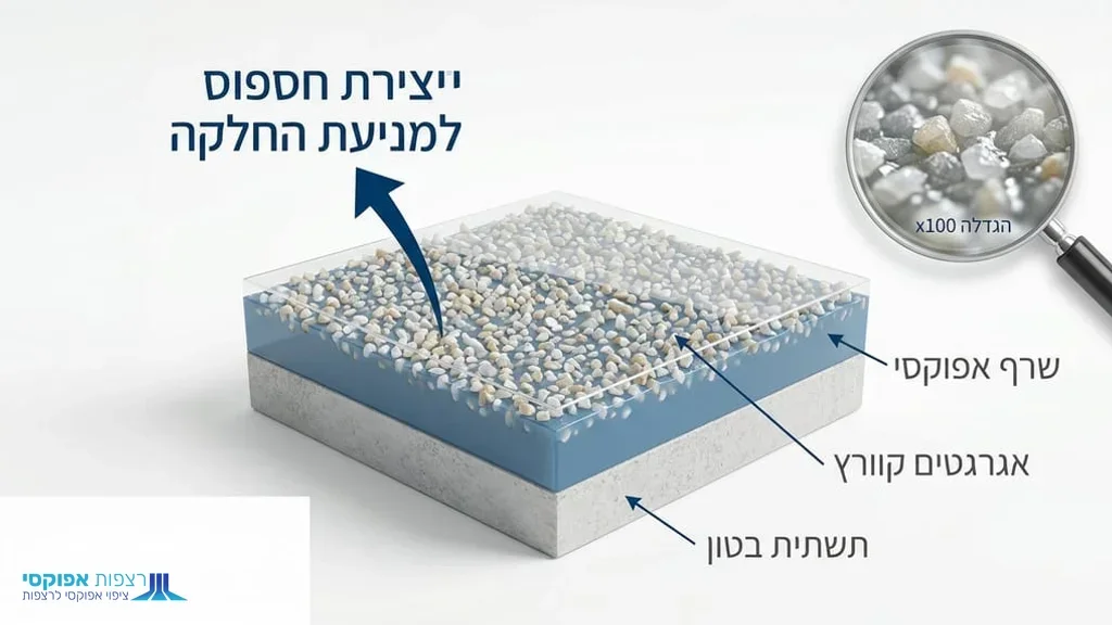 אחרי ההסבר על מהות הציפוי והאגרגטים היוצרים את החספוס תקריב של רצפת אפוקסי אנטי סליפ המציג את טקסטורת החספוס
