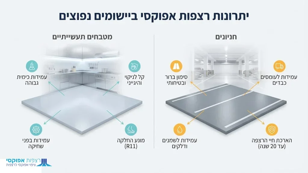 בפסקה המדברת על יישומים נפוצים כמו מטבחים תעשייתיים וחניונים מטבח תעשייתי או חניון עם רצפת אפוקסי מונעת החלקה