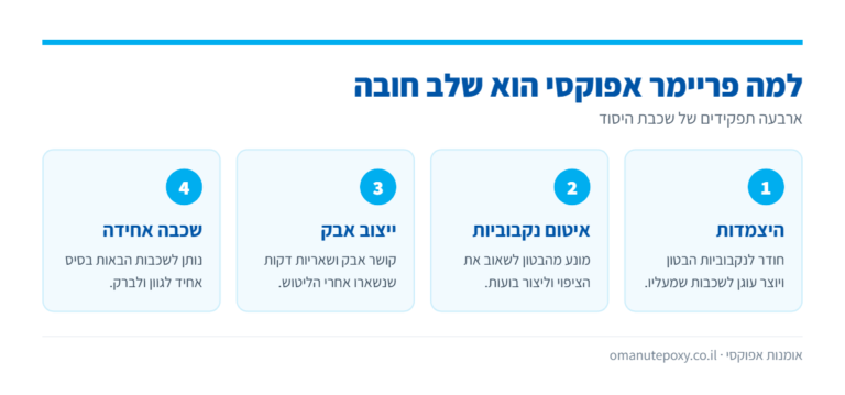 אינפוגרפיקה: ארבעת התפקידים של פריימר אפוקסי – היצמדות, איטום נקבוביות, ייצוב אבק ובסיס אחיד